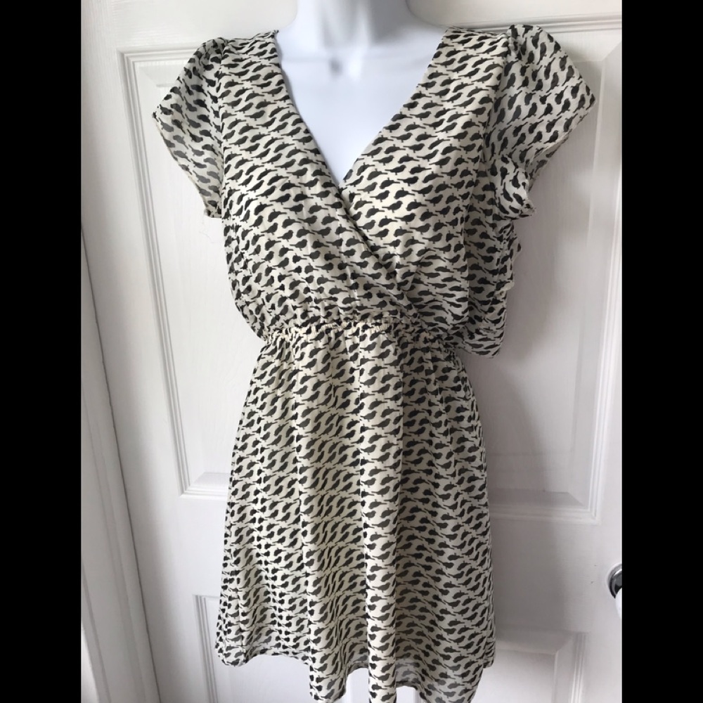 Cream and  black bird flutter dress
